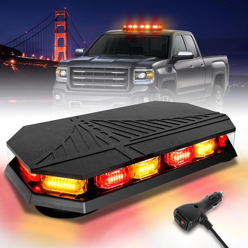 HLauto 406D Rooftop Emergency Strobe Lights Bar, 102 LED Amber Red Mini Beacon Safety Flashing Warning Traffic Lights Bar w/Magnetic Base for 12-24V Trucks, Construction Vehicles, Snowplow, Cars - Image 1